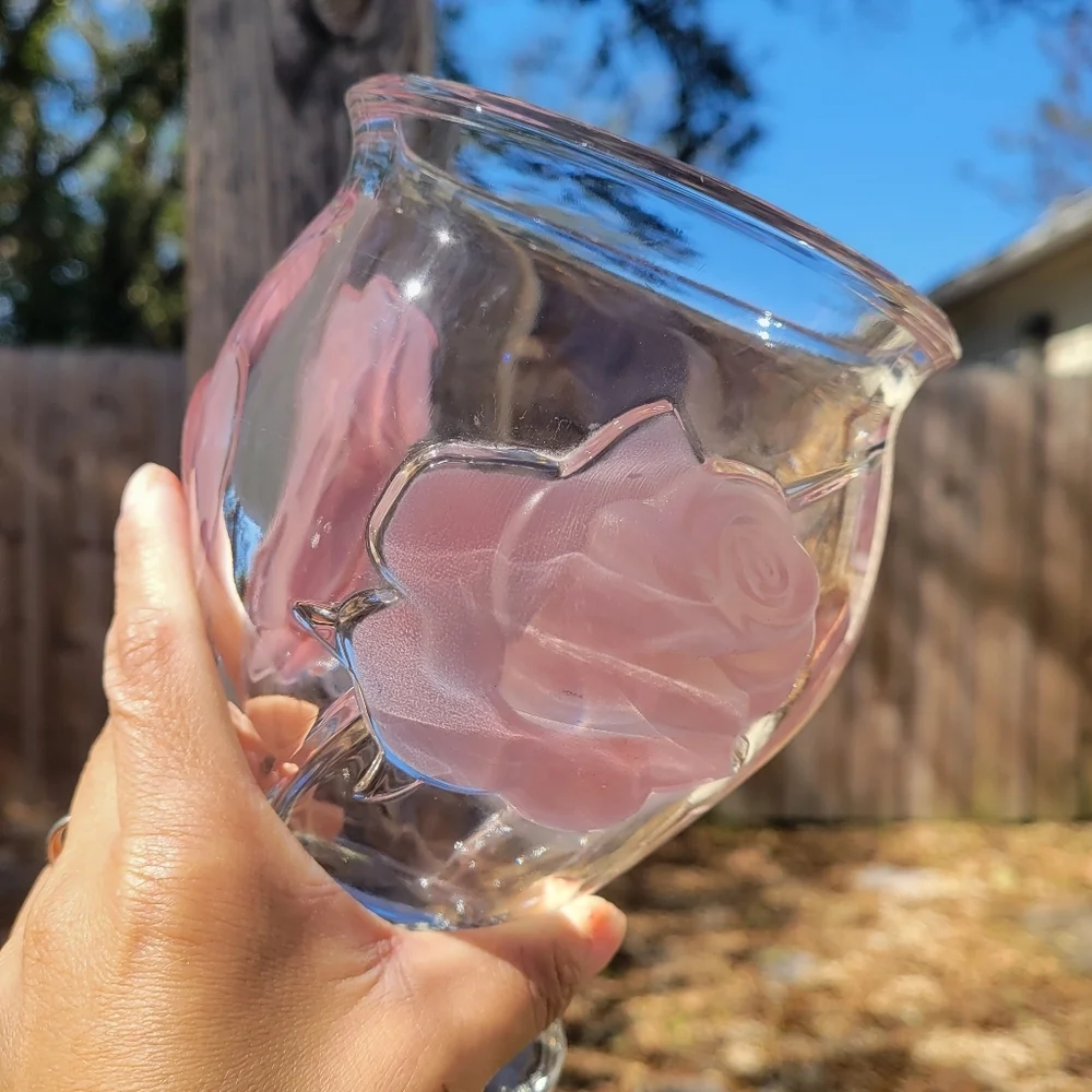 Vintage Teleflora Three Frosted Raised Pink Roses Low Crystal Glass Flower